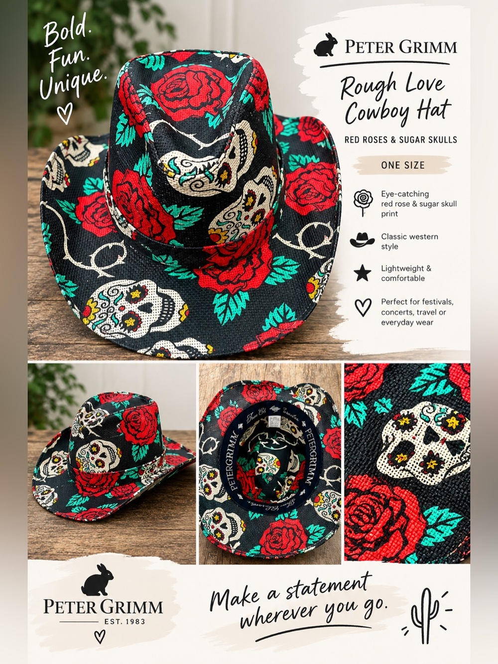 Peter Grimm Rough Love Cowboy Hat with Red Rose & Sugar Skull Print One Size